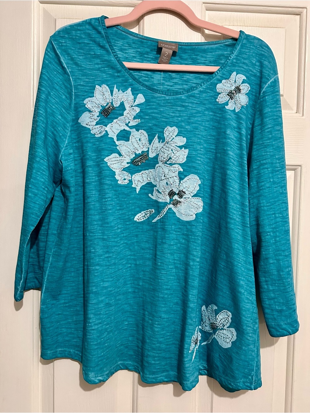 Chico's Teal Blue Floral Scoop Neck Long Sleeve Top